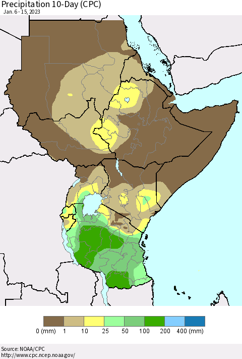 Eastern Africa Precipitation 10-Day (CPC) Thematic Map For 1/6/2023 - 1/15/2023