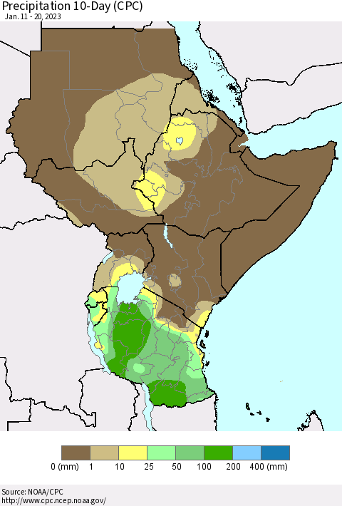 Eastern Africa Precipitation 10-Day (CPC) Thematic Map For 1/11/2023 - 1/20/2023
