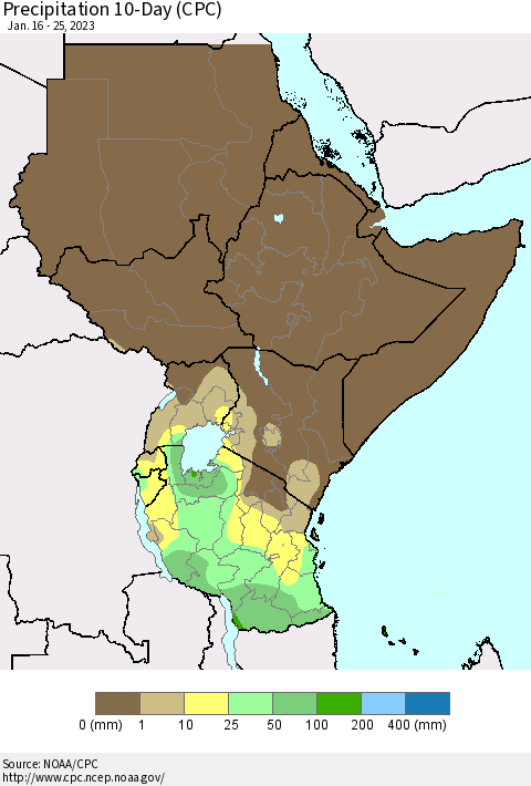 Eastern Africa Precipitation 10-Day (CPC) Thematic Map For 1/16/2023 - 1/25/2023
