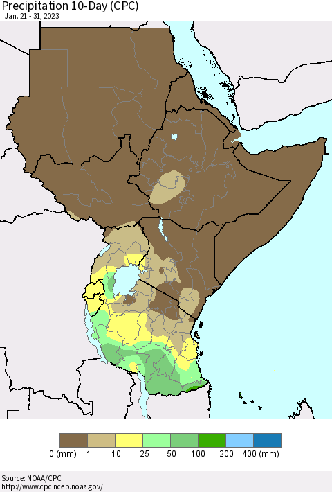 Eastern Africa Precipitation 10-Day (CPC) Thematic Map For 1/21/2023 - 1/31/2023