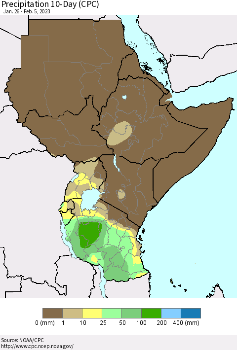 Eastern Africa Precipitation 10-Day (CPC) Thematic Map For 1/26/2023 - 2/5/2023
