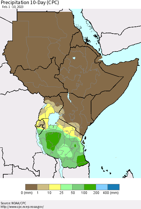 Eastern Africa Precipitation 10-Day (CPC) Thematic Map For 2/1/2023 - 2/10/2023