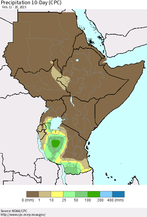 Eastern Africa Precipitation 10-Day (CPC) Thematic Map For 2/11/2023 - 2/20/2023