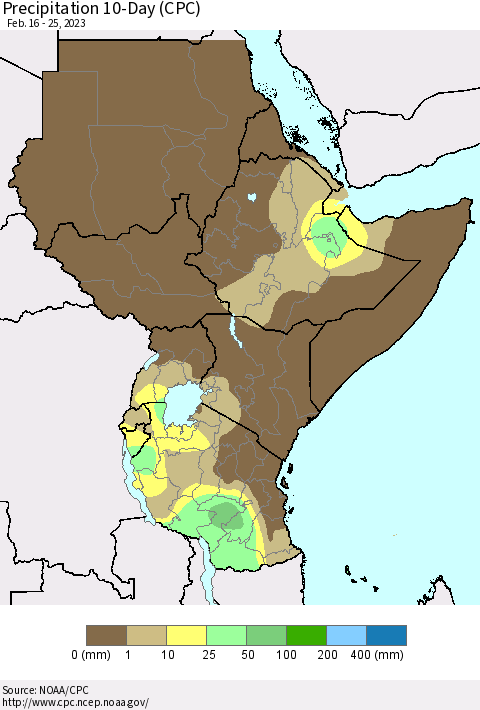 Eastern Africa Precipitation 10-Day (CPC) Thematic Map For 2/16/2023 - 2/25/2023