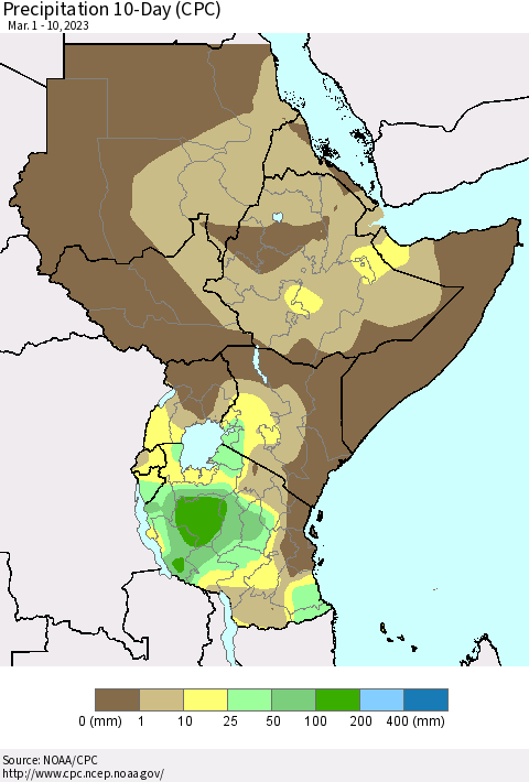 Eastern Africa Precipitation 10-Day (CPC) Thematic Map For 3/1/2023 - 3/10/2023