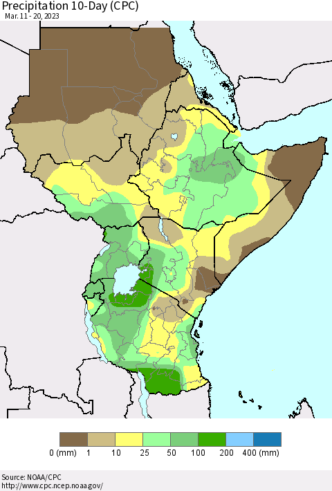 Eastern Africa Precipitation 10-Day (CPC) Thematic Map For 3/11/2023 - 3/20/2023