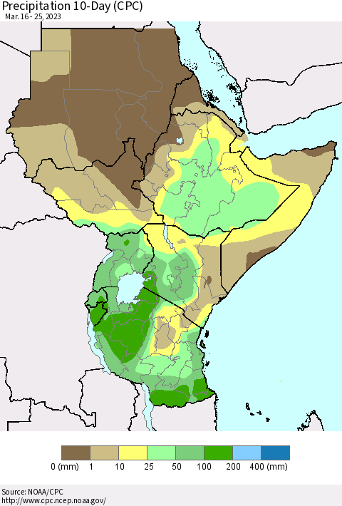 Eastern Africa Precipitation 10-Day (CPC) Thematic Map For 3/16/2023 - 3/25/2023