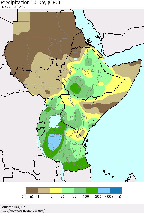 Eastern Africa Precipitation 10-Day (CPC) Thematic Map For 3/21/2023 - 3/31/2023