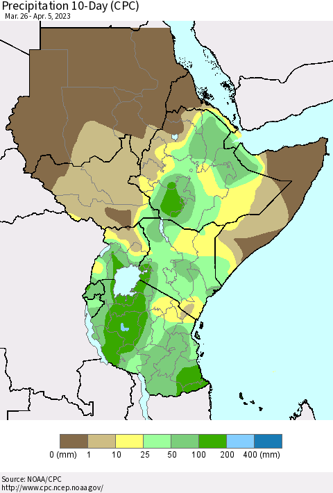 Eastern Africa Precipitation 10-Day (CPC) Thematic Map For 3/26/2023 - 4/5/2023