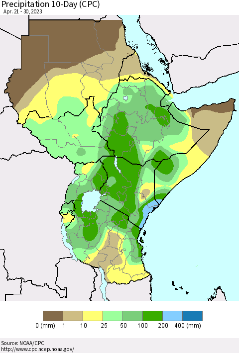 Eastern Africa Precipitation 10-Day (CPC) Thematic Map For 4/21/2023 - 4/30/2023