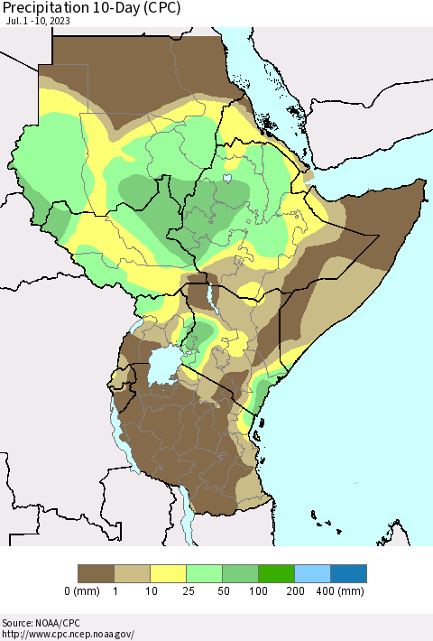 Eastern Africa Precipitation 10-Day (CPC) Thematic Map For 7/1/2023 - 7/10/2023