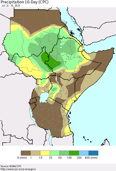 Eastern Africa Precipitation 10-Day (CPC) Thematic Map For 7/21/2023 - 7/31/2023