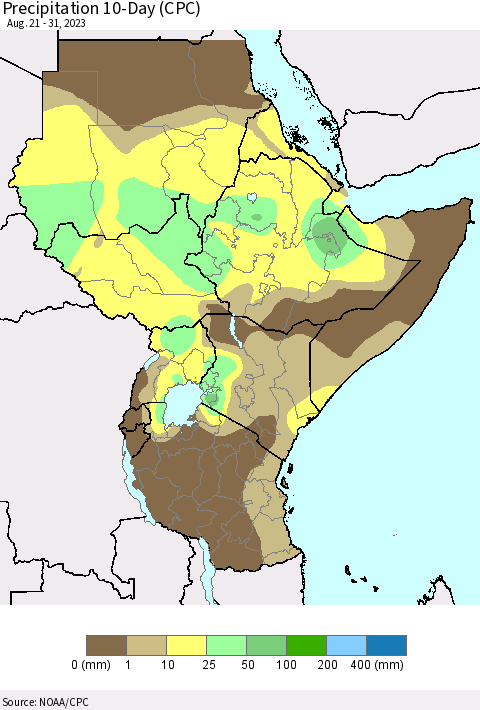 Eastern Africa Precipitation 10-Day (CPC) Thematic Map For 8/21/2023 - 8/31/2023