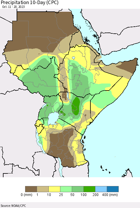 Eastern Africa Precipitation 10-Day (CPC) Thematic Map For 10/11/2023 - 10/20/2023