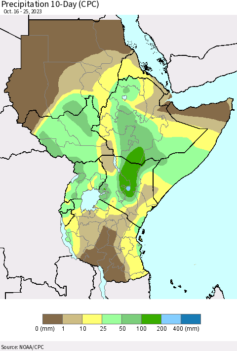 Eastern Africa Precipitation 10-Day (CPC) Thematic Map For 10/16/2023 - 10/25/2023