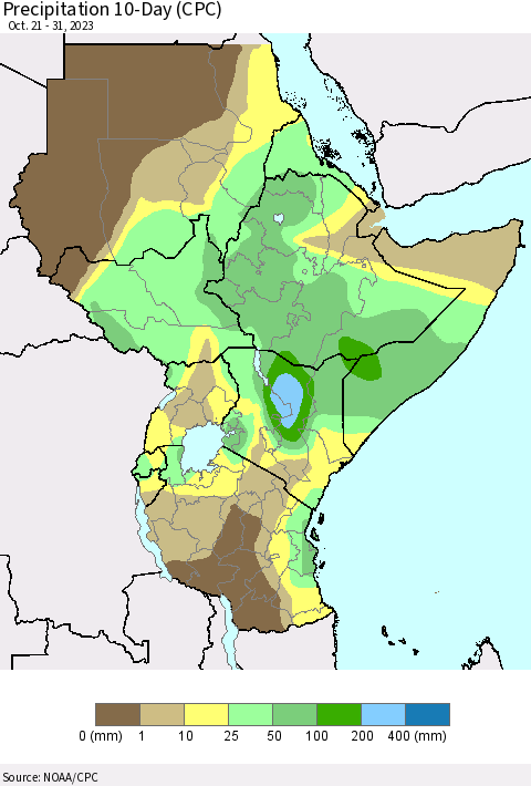 Eastern Africa Precipitation 10-Day (CPC) Thematic Map For 10/21/2023 - 10/31/2023