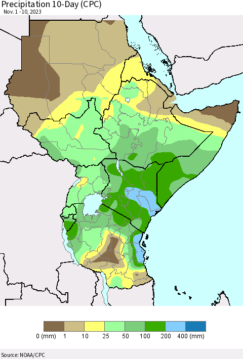Eastern Africa Precipitation 10-Day (CPC) Thematic Map For 11/1/2023 - 11/10/2023