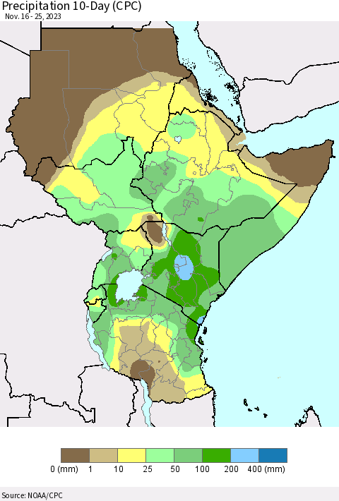 Eastern Africa Precipitation 10-Day (CPC) Thematic Map For 11/16/2023 - 11/25/2023