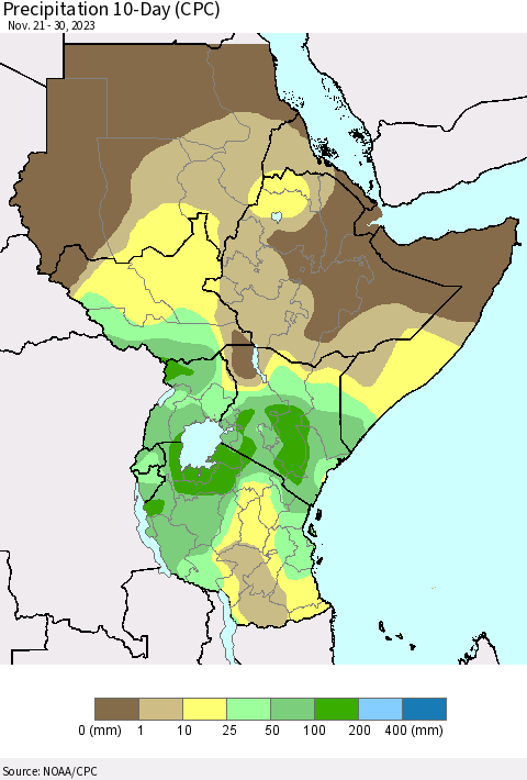 Eastern Africa Precipitation 10-Day (CPC) Thematic Map For 11/21/2023 - 11/30/2023