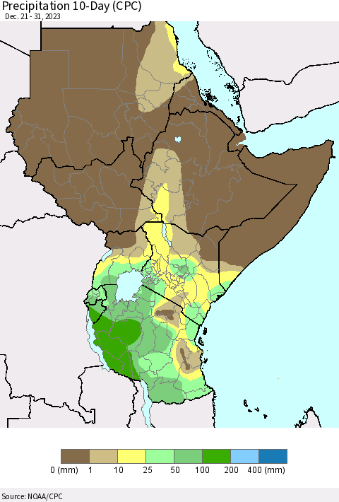 Eastern Africa Precipitation 10-Day (CPC) Thematic Map For 12/21/2023 - 12/31/2023
