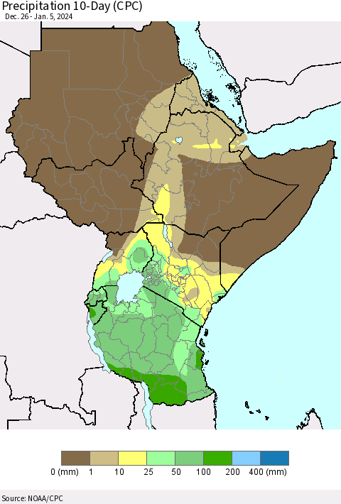 Eastern Africa Precipitation 10-Day (CPC) Thematic Map For 12/26/2023 - 1/5/2024