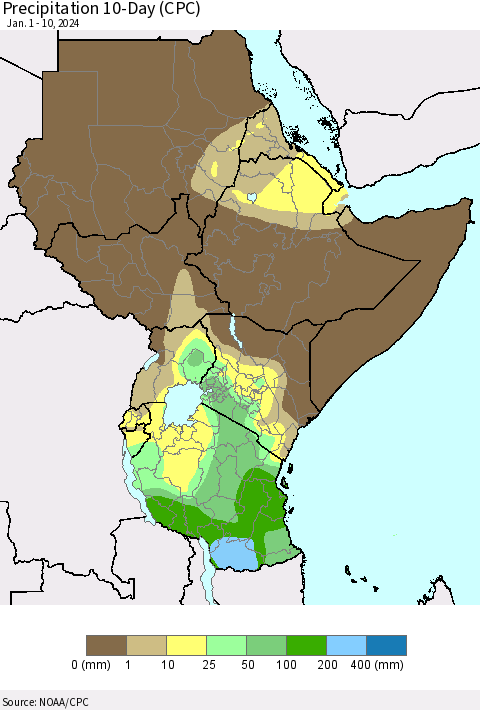 Eastern Africa Precipitation 10-Day (CPC) Thematic Map For 1/1/2024 - 1/10/2024