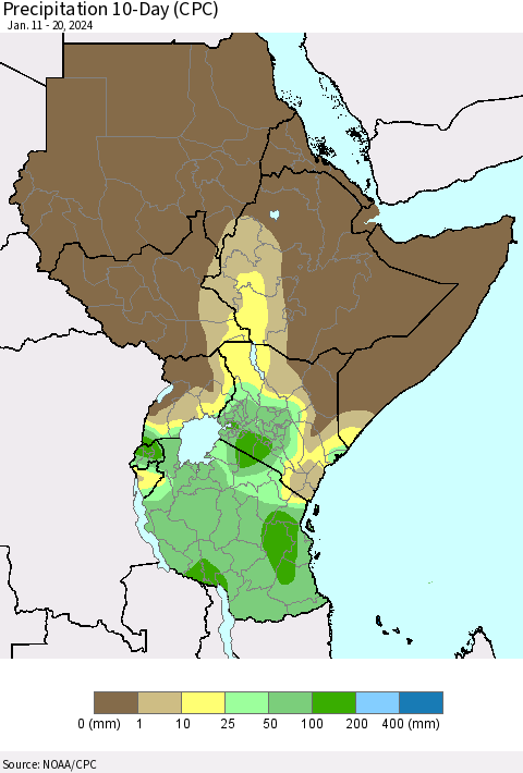 Eastern Africa Precipitation 10-Day (CPC) Thematic Map For 1/11/2024 - 1/20/2024