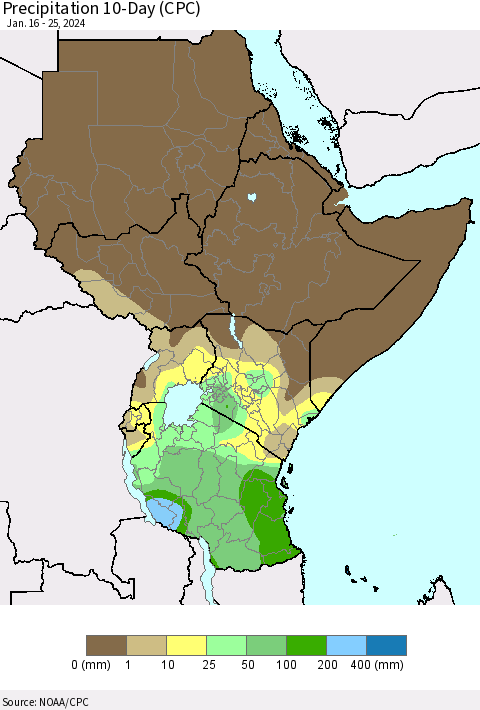 Eastern Africa Precipitation 10-Day (CPC) Thematic Map For 1/16/2024 - 1/25/2024