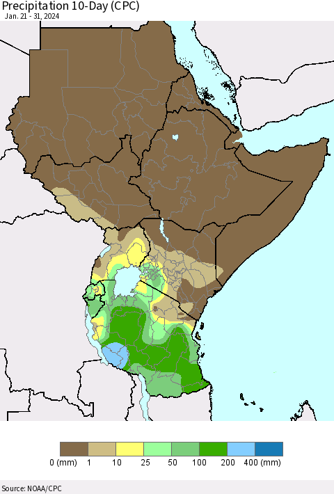 Eastern Africa Precipitation 10-Day (CPC) Thematic Map For 1/21/2024 - 1/31/2024