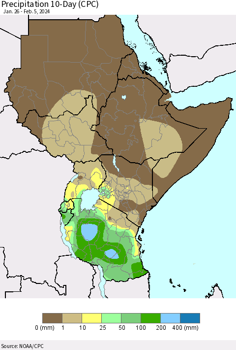 Eastern Africa Precipitation 10-Day (CPC) Thematic Map For 1/26/2024 - 2/5/2024