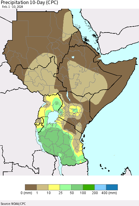 Eastern Africa Precipitation 10-Day (CPC) Thematic Map For 2/1/2024 - 2/10/2024