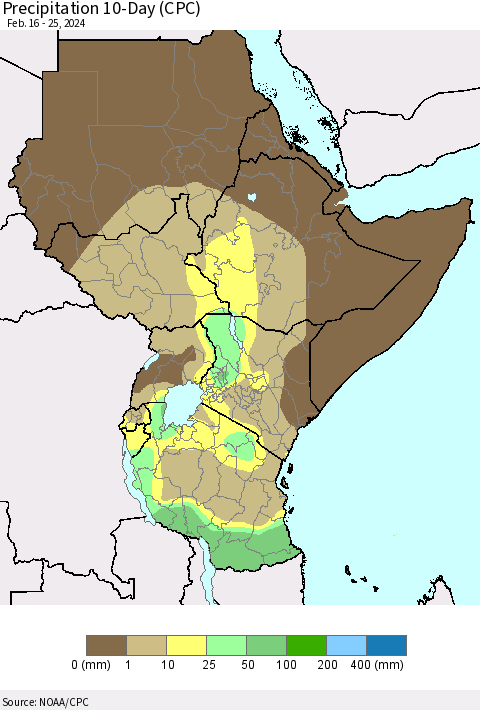 Eastern Africa Precipitation 10-Day (CPC) Thematic Map For 2/16/2024 - 2/25/2024