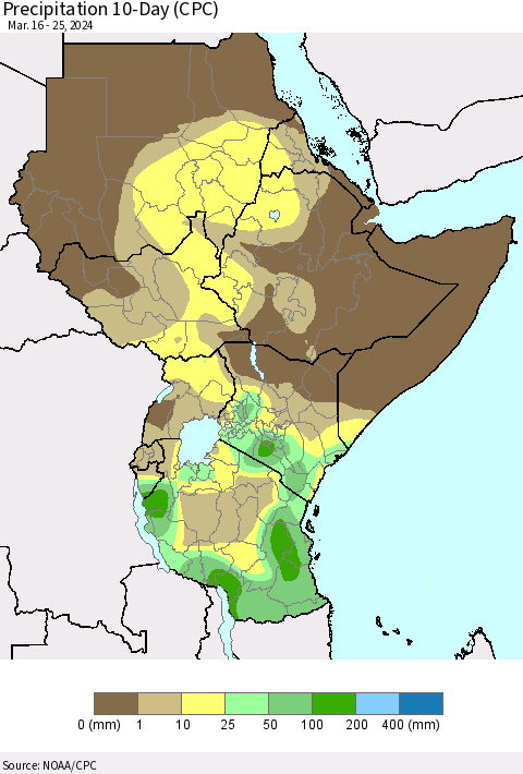 Eastern Africa Precipitation 10-Day (CPC) Thematic Map For 3/16/2024 - 3/25/2024