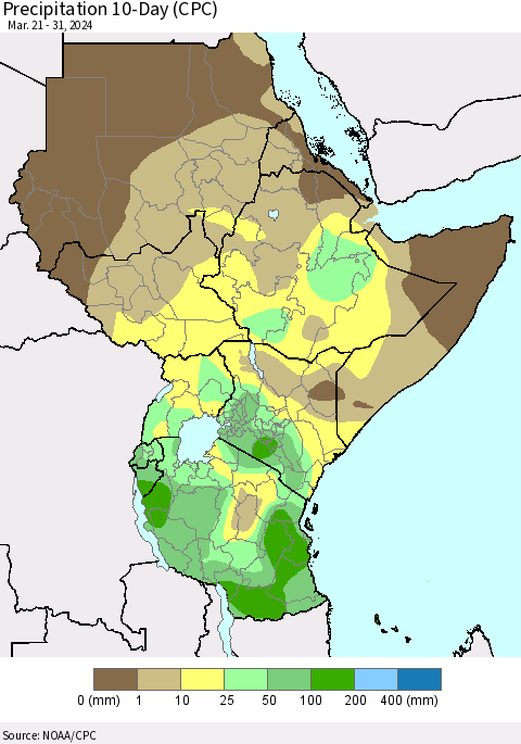 Eastern Africa Precipitation 10-Day (CPC) Thematic Map For 3/21/2024 - 3/31/2024