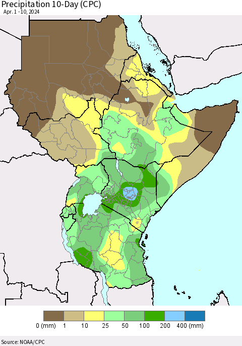 Eastern Africa Precipitation 10-Day (CPC) Thematic Map For 4/1/2024 - 4/10/2024