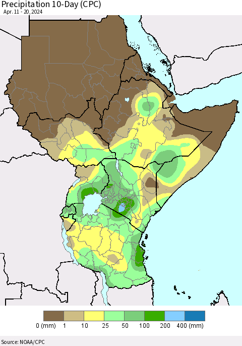 Eastern Africa Precipitation 10-Day (CPC) Thematic Map For 4/11/2024 - 4/20/2024