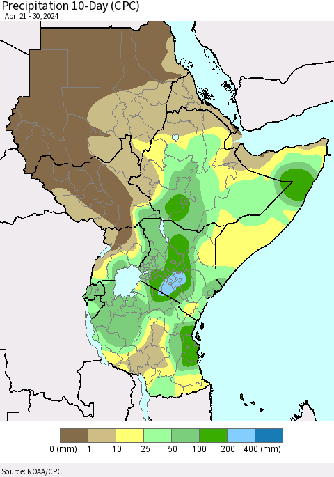 Eastern Africa Precipitation 10-Day (CPC) Thematic Map For 4/21/2024 - 4/30/2024
