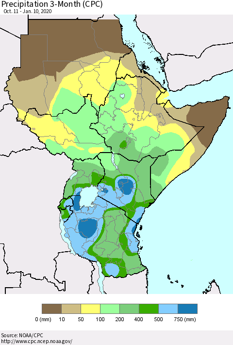 Eastern Africa Precipitation 3-Month (CPC) Thematic Map For 10/11/2019 - 1/10/2020