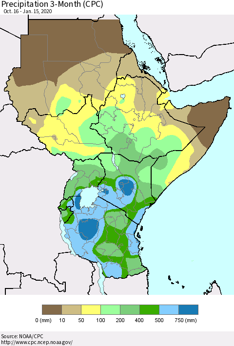 Eastern Africa Precipitation 3-Month (CPC) Thematic Map For 10/16/2019 - 1/15/2020