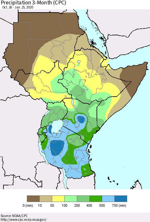 Eastern Africa Precipitation 3-Month (CPC) Thematic Map For 10/26/2019 - 1/25/2020