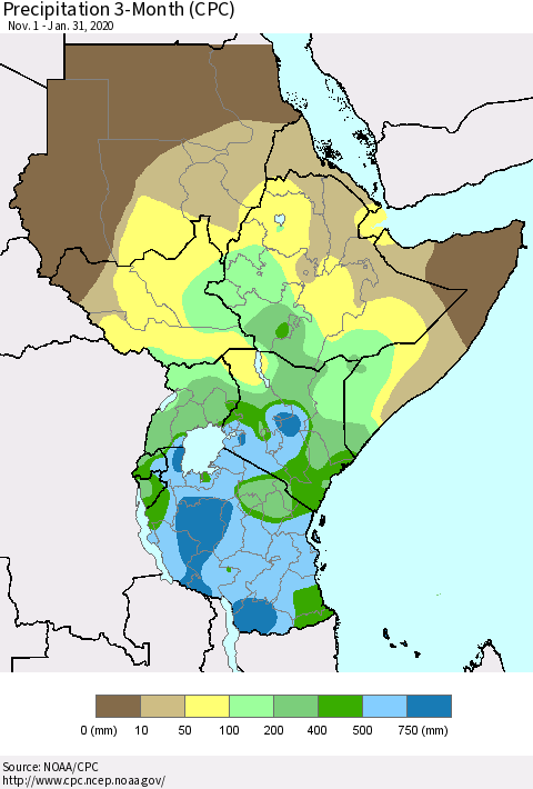 Eastern Africa Precipitation 3-Month (CPC) Thematic Map For 11/1/2019 - 1/31/2020