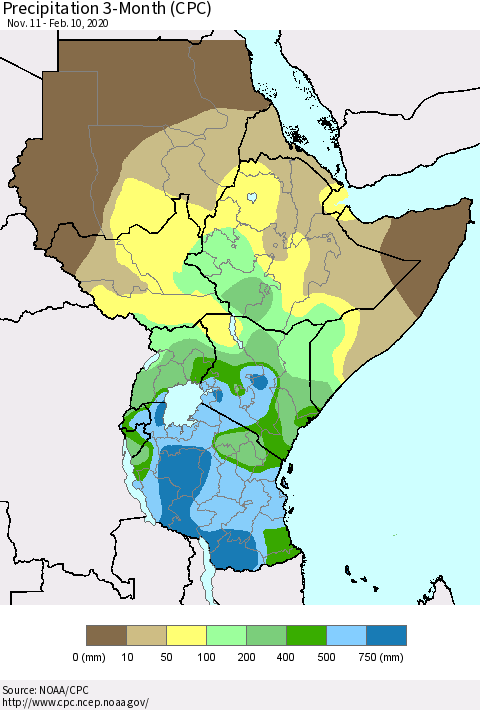 Eastern Africa Precipitation 3-Month (CPC) Thematic Map For 11/11/2019 - 2/10/2020