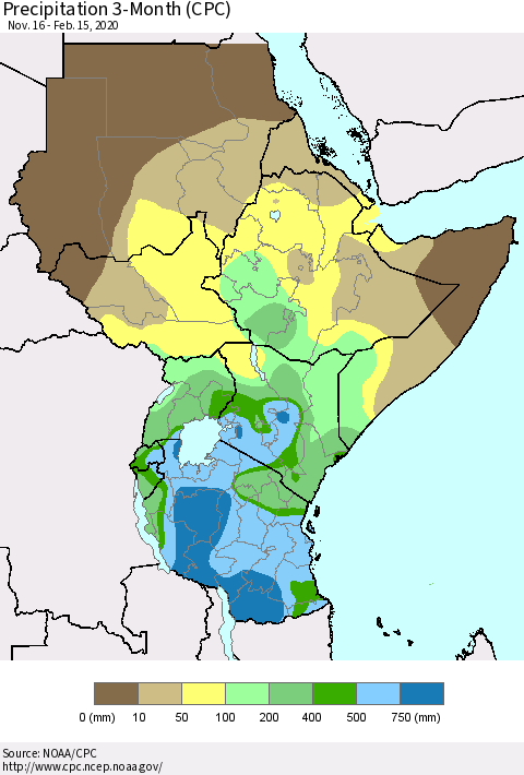 Eastern Africa Precipitation 3-Month (CPC) Thematic Map For 11/16/2019 - 2/15/2020