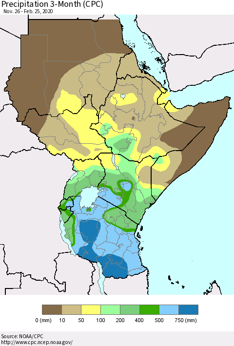 Eastern Africa Precipitation 3-Month (CPC) Thematic Map For 11/26/2019 - 2/25/2020