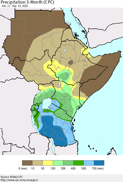 Eastern Africa Precipitation 3-Month (CPC) Thematic Map For 12/11/2019 - 3/10/2020