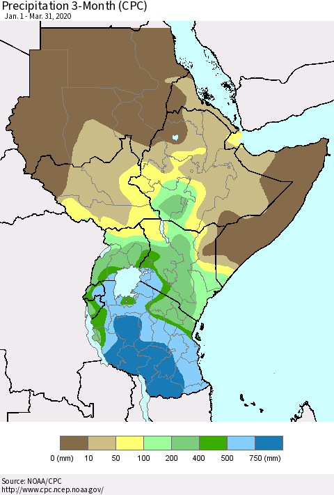 Eastern Africa Precipitation 3-Month (CPC) Thematic Map For 1/1/2020 - 3/31/2020