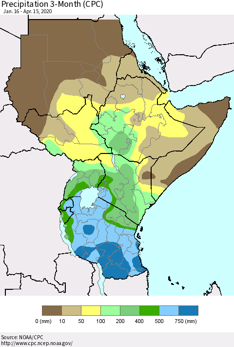 Eastern Africa Precipitation 3-Month (CPC) Thematic Map For 1/16/2020 - 4/15/2020