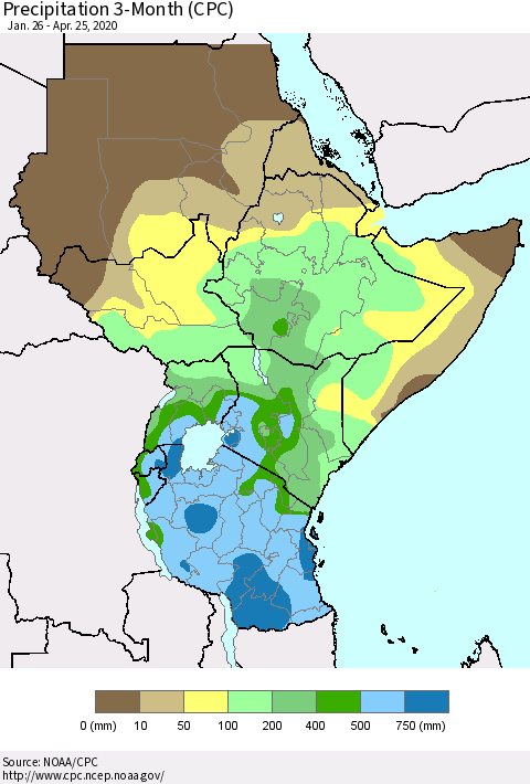 Eastern Africa Precipitation 3-Month (CPC) Thematic Map For 1/26/2020 - 4/25/2020