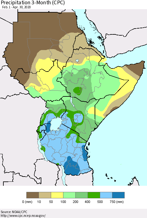 Eastern Africa Precipitation 3-Month (CPC) Thematic Map For 2/1/2020 - 4/30/2020