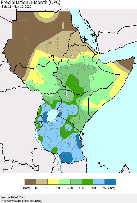 Eastern Africa Precipitation 3-Month (CPC) Thematic Map For 2/11/2020 - 5/10/2020